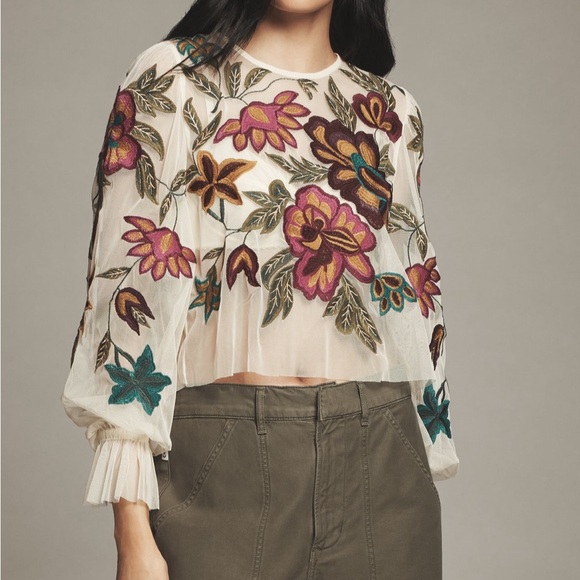 Anthropologie Sheer Top with Multicolor Floral Embroidery - Picture 2 of 3
